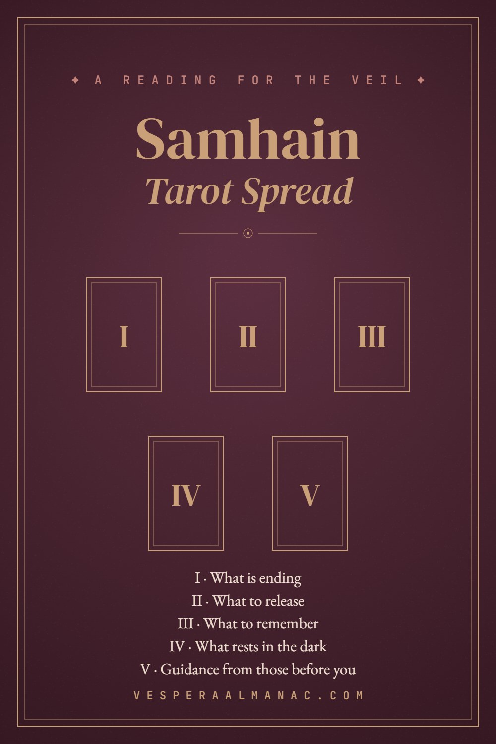 A five-card Samhain tarot spread: what is ending, what to release, what to remember, what rests in the dark, guidance from those before you